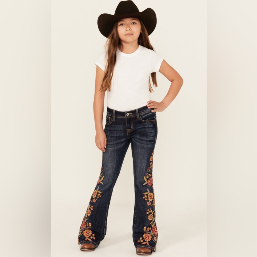 Grace In LA Girls High Rise Embroidered Floral Flare Jeans Size 14 Boot Cut